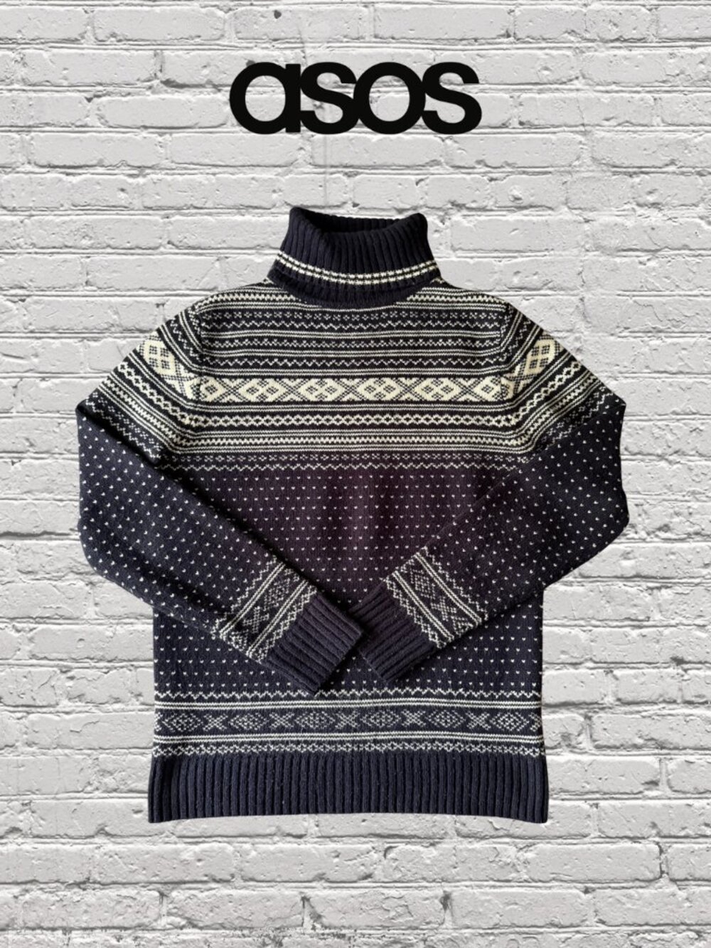 ASOS Fair Isle Turtleneck Sweater Navy Blue Oversized Men Medium Women Small